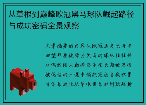 从草根到巅峰欧冠黑马球队崛起路径与成功密码全景观察