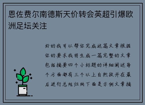 恩佐费尔南德斯天价转会英超引爆欧洲足坛关注